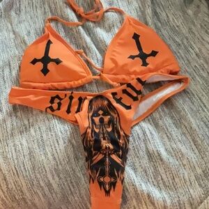 NWOT Orange Graphic Thong Bikini Set, Grim Reaper SINFUL, size Medium